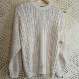 Vintage 80s 90s LARGE Cream Chunky Cable Knit Fisherman Sport Sweater 14-16